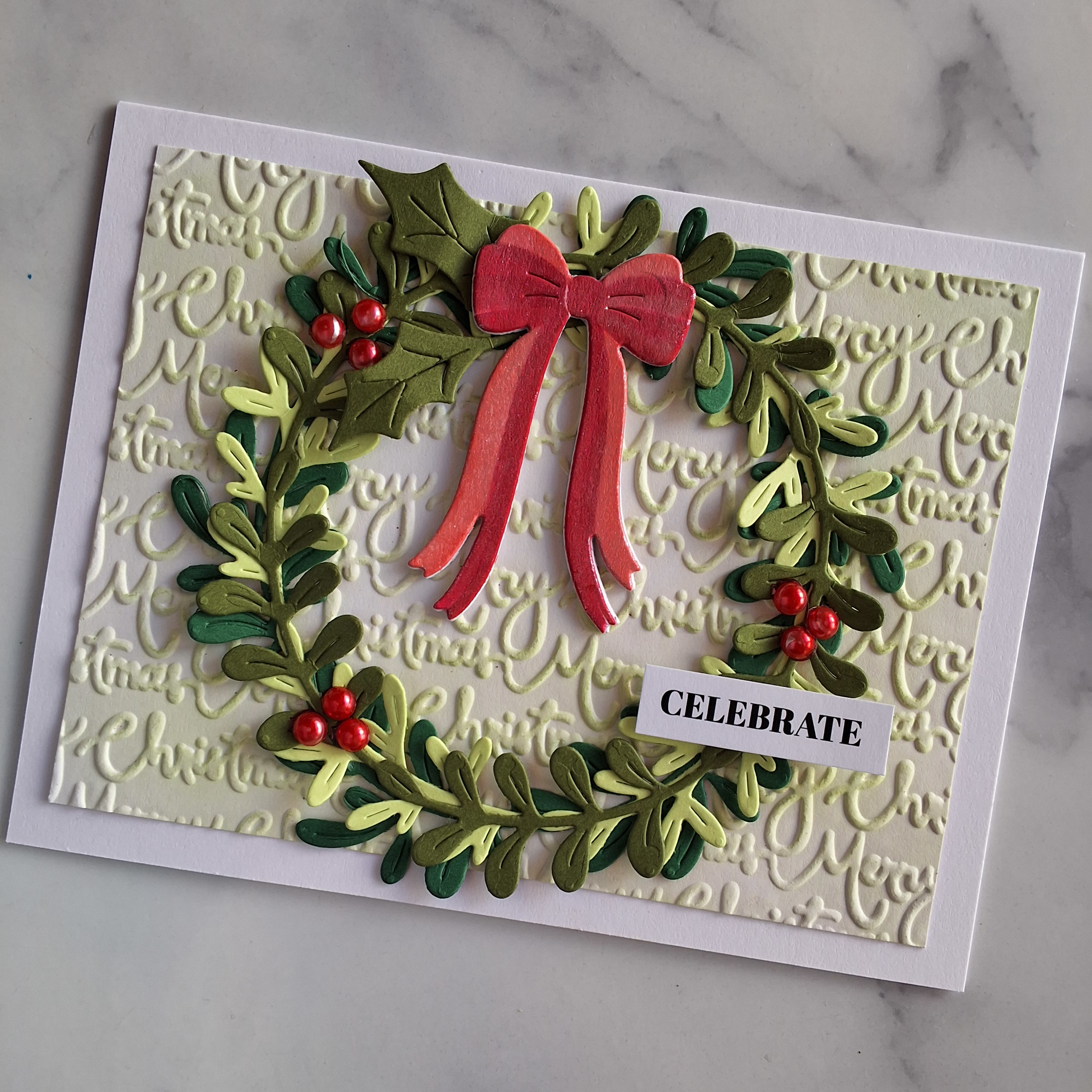 Handmade Card Christmas Wreath with Ribbon