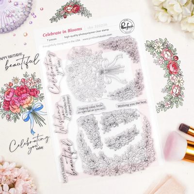 Pinkfresh Studio Celebrate In Blooms Stamp, Die, Stencils and Washi Tape Bundle