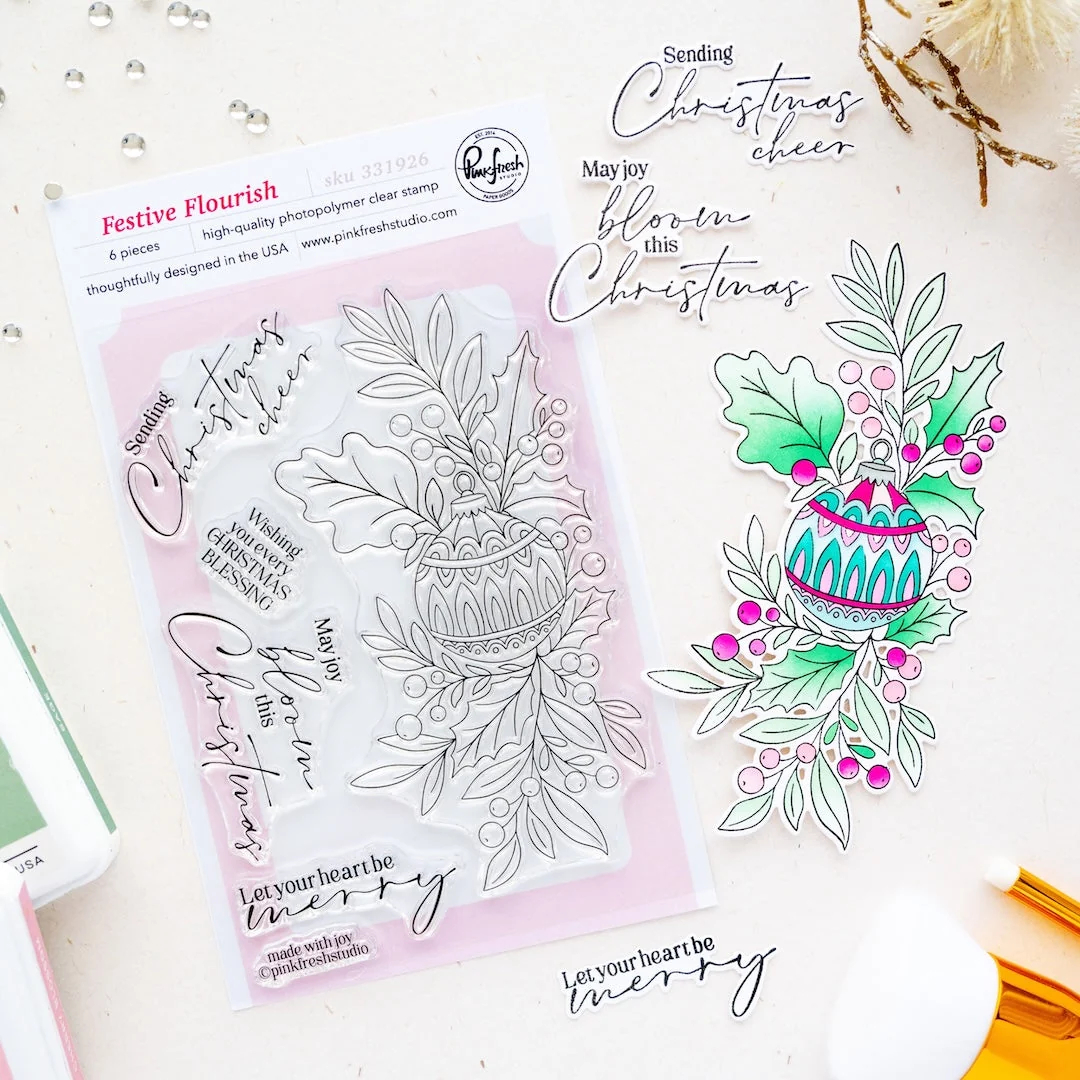 Pinkfresh Studio - Festive Flourish Stamp, Die and Stencil Bundle